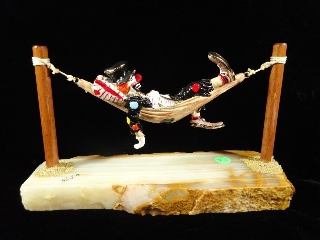RON LEE SIGNED METAL CLOWN SCULPTURE, CLOWN IN HAMMOCK, (1 of 6)