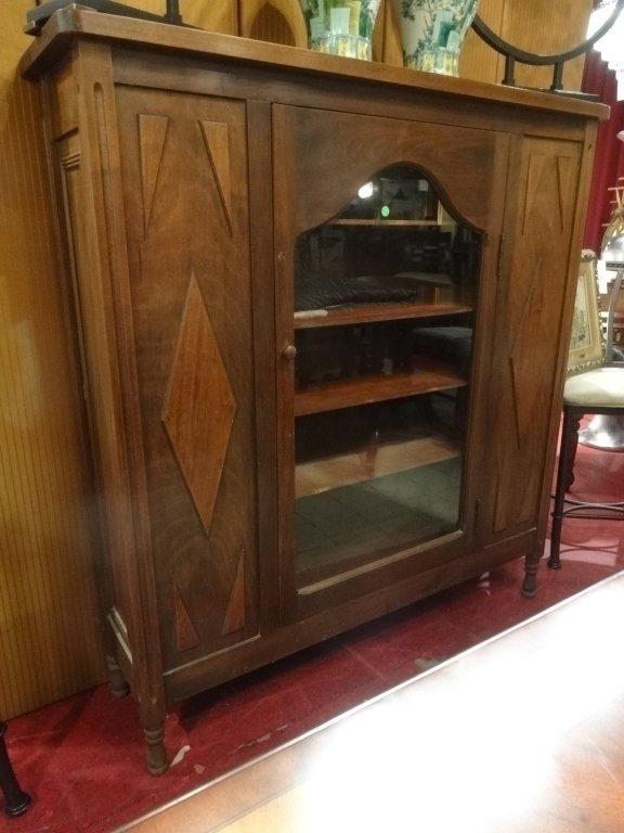 ANTIQUE WOOD CABINET, SINGLE GLASS DOOR, WOOD SHELVES, (1 of 5)