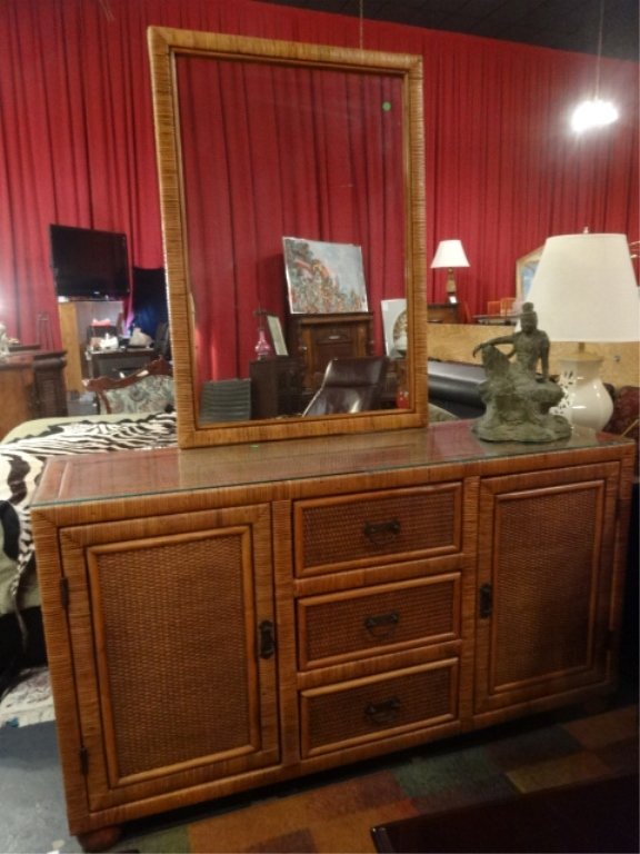 2 PC CONTEMPORARY RATTAN DRESSER WITH MIRROR, EXCELLENT (1 of 7)