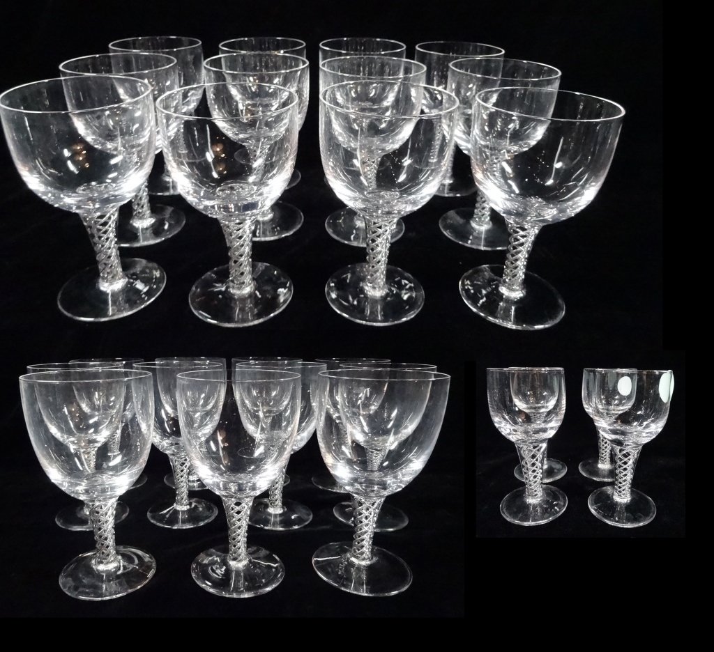 27 PC STUART CRYSTAL STEMWARE, SONATA PATTERN WITH AIR: 27 PC STUART CRYSTAL STEMWARE, SONATA PATTERN WITH AIR TWIST STEMS, INCLUDES 11 WINE GLASSES APPROX 6"H, 12 WINE GLASSES APPROX 5"H, 4 CORDIALS APPROX 3.75"H, SKU4294.19