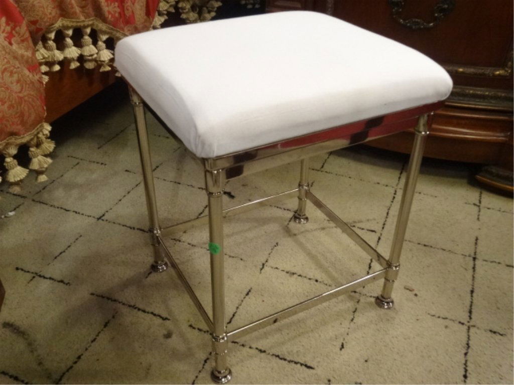 CHROME STOOL OR VANITY BENCH, WHITE UPHOLSTERED SEAT, (1 of 4)