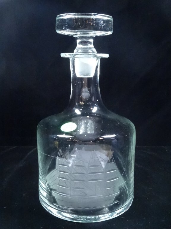 CRYSTAL DECANTER, ETCHED SHIP DESIGN, APPROX 10" X 5.5" (1 of 5)