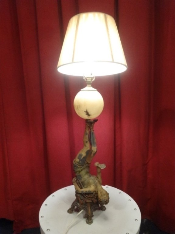 VINTAGE FRENCH ART NOUVEAU GYMNAST LAMP, FEMALE FIGURE: VINTAGE FRENCH ART NOUVEAU GYMNAST LAMP, FEMALE FIGURE BALANCING BALL ON FEET, SOLID WORKING VINTAGE CONDITON, SIGNIFICANT LOSS OF ORIGINAL ENAMEL FINISH, APPROX 30"H, SKU9306