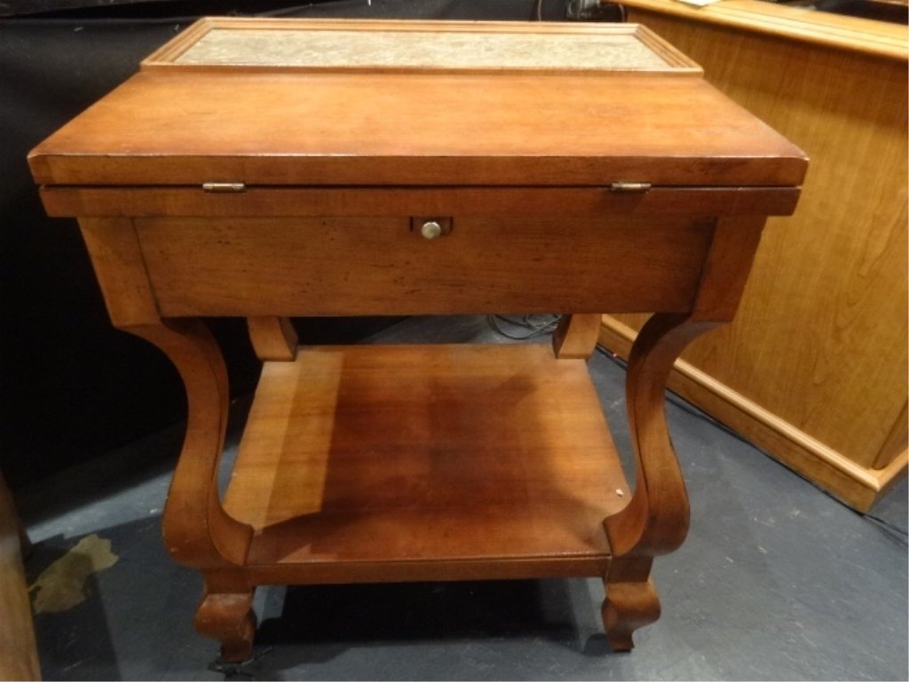 CENTURY FURNITURE RAFRAICHISSOIR WINE TABLE, MARBLE: CENTURY FURNITURE RAFRAICHISSOIR WINE TABLE, MARBLE TOP, TERRA COTTA WINE BOTTLE COOLERS UNDER FLIP TOP, SINGLE DRAWER, UNDERTIER, EXCELLENT GENTLY USED VINTAGE CONDITION, SKU9312.13