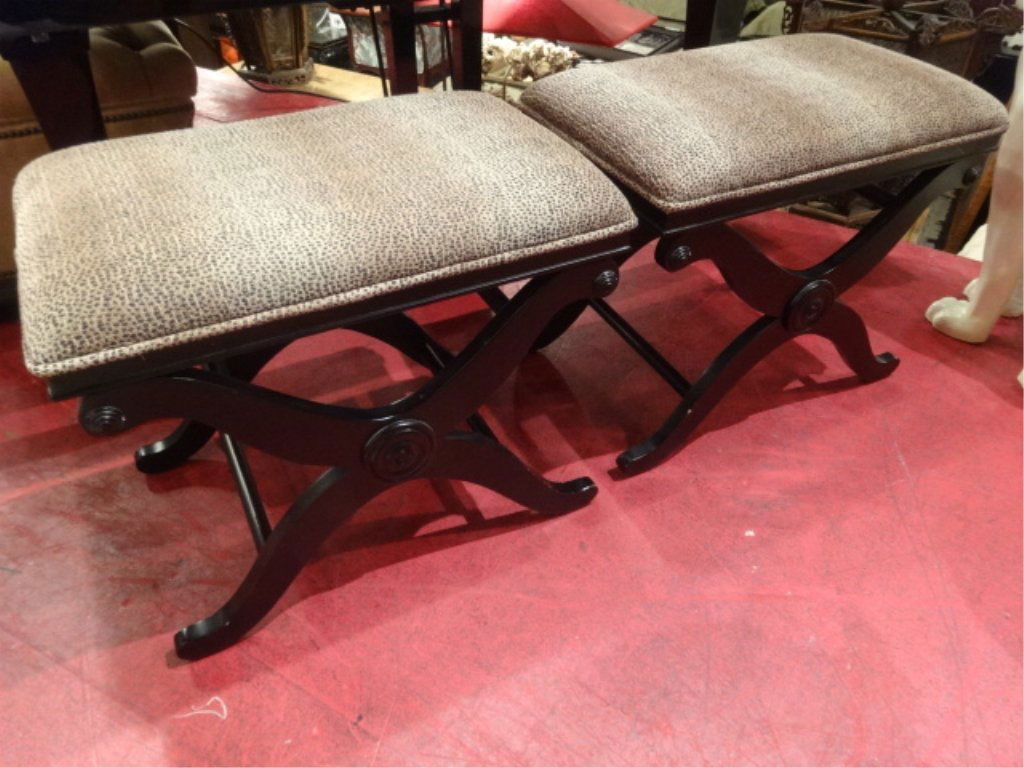 PAIR NEOCLASSICAL X FRAME BENCHES, CHEETAH PRINT (1 of 7)