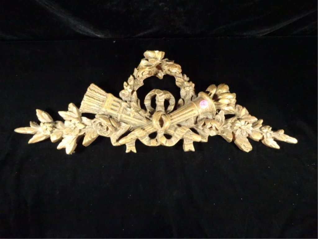 VINTAGE GILT WALL PLAQUE, TORCH & FOLIATE DESIGN,: VINTAGE GILT WALL PLAQUE, TORCH & FOLIATE DESIGN, PLASTER WITH A FEW SMALL CHIPS/CRACKS, APPROX 8.75"H X 25"W