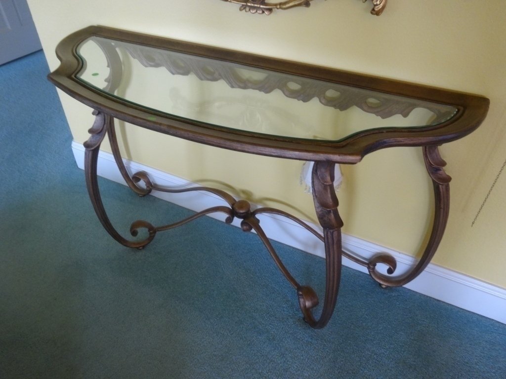 METAL AND GLASS CONSOLE TABLE, BRONZE FINISH, INSET (1 of 5)
