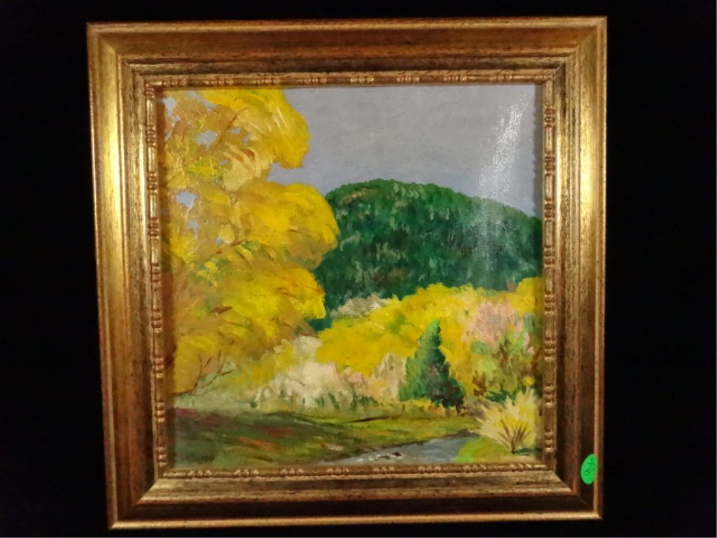 JOSEPH HENRY SHARP LANDSCAPE PAINTING ON CANVAS, FALL: JOSEPH HENRY SHARP LANDSCAPE PAINTING ON CANVAS, FALL SCENE, SIGNED J.H. SHARP LOWER LEFT, FRAMED SIZE APPROX 13" X 13"