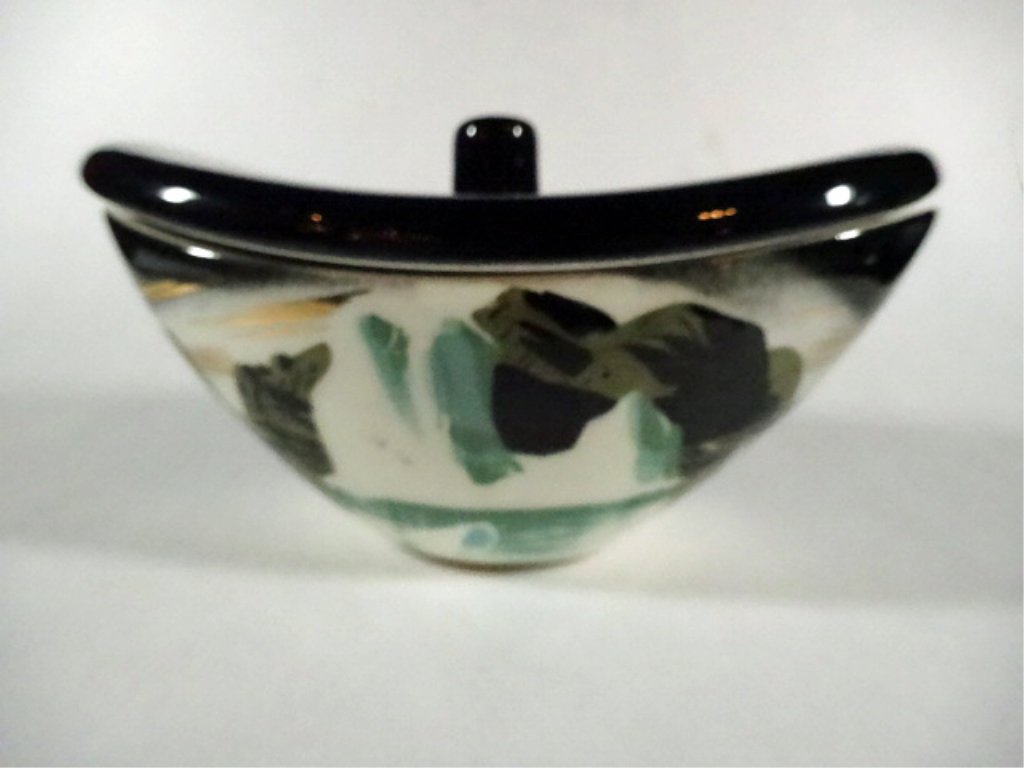 MID CENTURY ART POTTERY COVERED BOWL, BLACK & WHITE, (1 of 9)