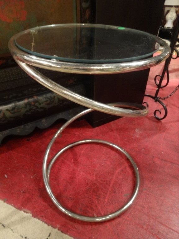 MID CENTURY SPIRAL CHROME TUBE TABLE, ROUND GLASS TOP, (1 of 4)
