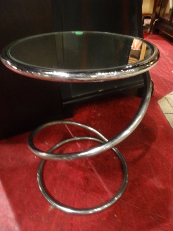 MID CENTURY SPIRAL CHROME TUBE TABLE, ROUND MIRROR TOP, (1 of 5)