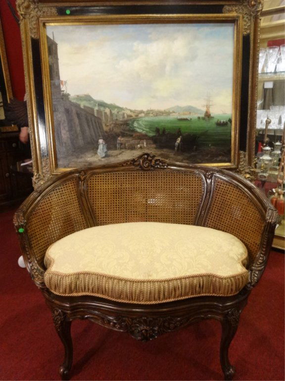 LOUIS XV STYLE CANE BACK SETTEE, GOLD UPHOLSTERED: LOUIS XV STYLE CANE BACK SETTEE, GOLD UPHOLSTERED CUSHION, EXCELLENT GENTLY USED CONDITION, #1 OF TWO IDENTICAL SETTEES AVAILABLE THIS AUCTION (SOLD SEPARATELY), APPROX 4'W, SKU391