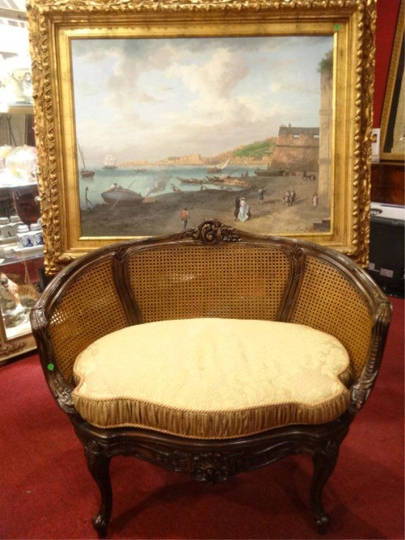 LOUIS XV STYLE CANE BACK SETTEE, GOLD UPHOLSTERED: LOUIS XV STYLE CANE BACK SETTEE, GOLD UPHOLSTERED CUSHION, EXCELLENT GENTLY USED CONDITION, #2 OF TWO IDENTICAL SETTEES AVAILABLE THIS AUCTION (SOLD SEPARATELY), APPROX 4'W, SKU391