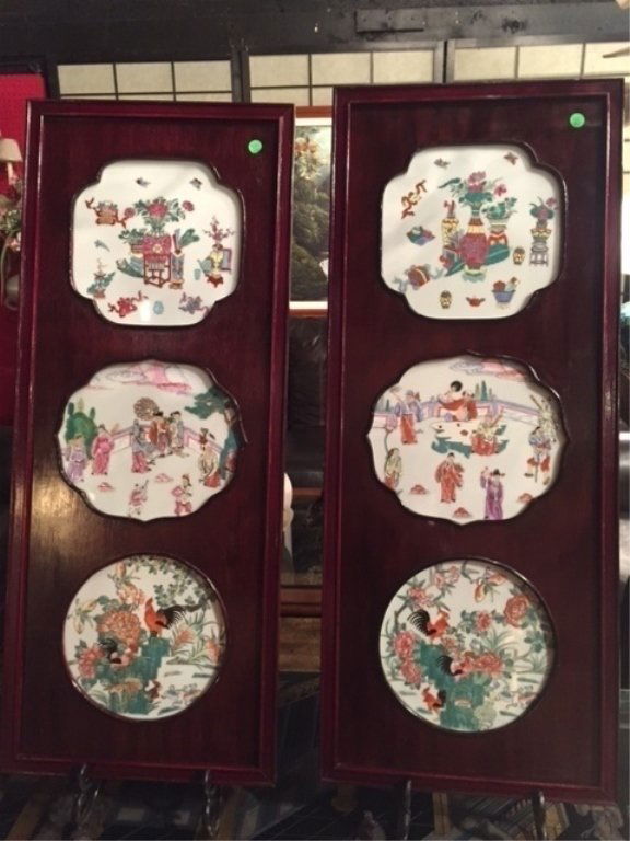 PAIR ASIAN PANELS WITH 6 PORCELAIN PLAQUES IN HONG MU (1 of 5)