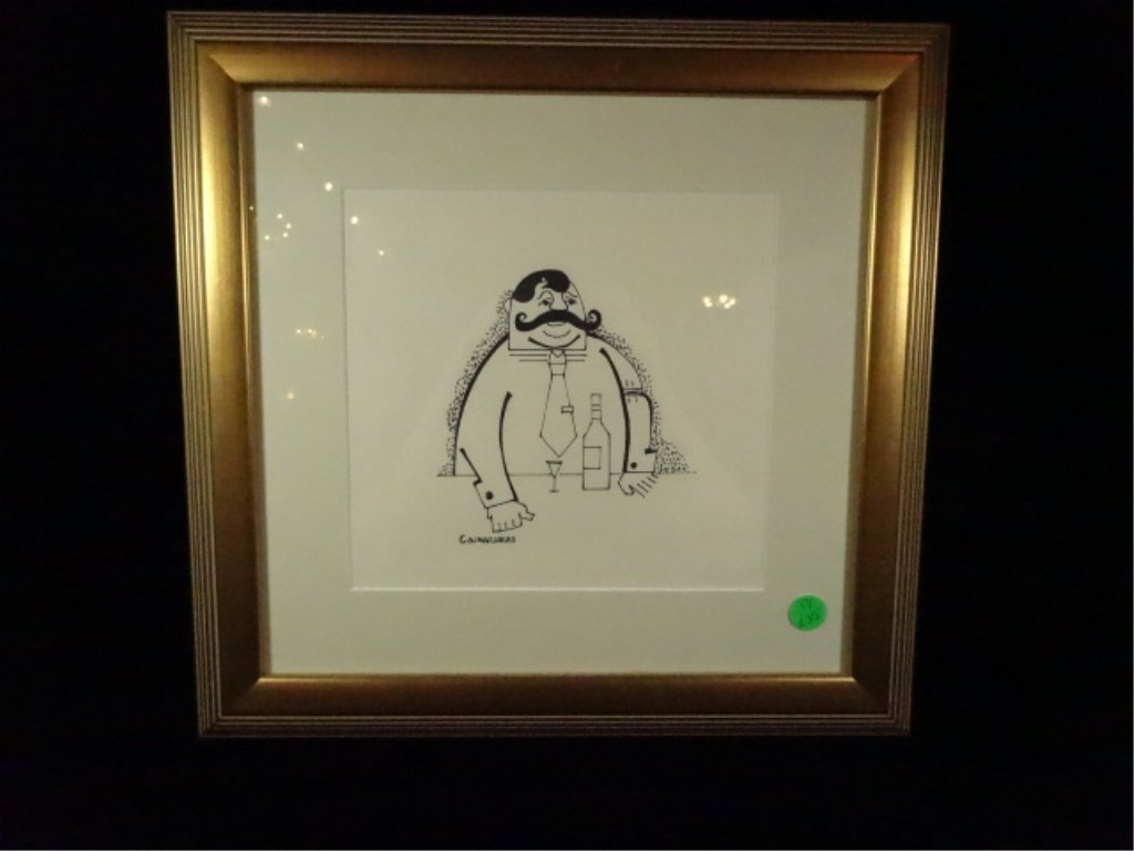 MIGUEL COVARRUBIAS (1904-1957) PEN & INK DRAWING, "THE: MIGUEL COVARRUBIAS (1904-1957) PEN & INK DRAWING, "THE BARTENDER", CIRCA 1930, SIGNED IN INK LOWER LEFT, IMAGE APPROX 7.5" X 6", FRAMED SIZE APPROX 14.5" X 15", SKU387.1