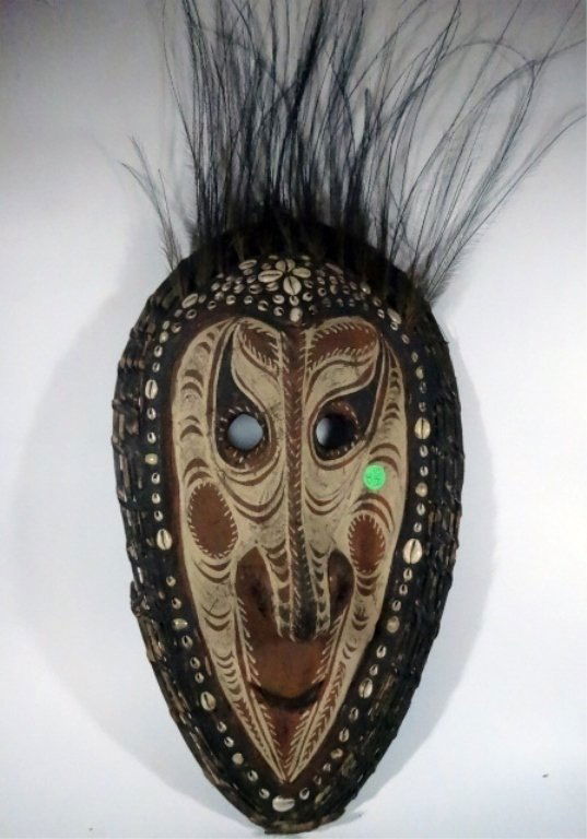 AFRICAN WOOD TRIBAL MASK WITH SHELLS, BROWN AND WHITE, (1 of 6)