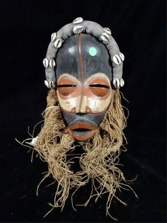 AFRICAN WOOD TRIBAL MASK WITH SHELLS, RED AND BLACK, (1 of 4)