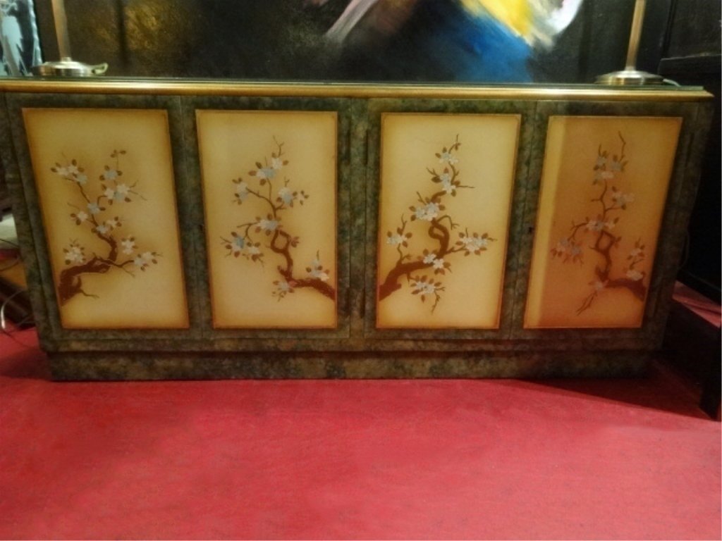 CHINOISERIE CREDENZA, 4 DOORS WITH FLOWERING TREES,: CHINOISERIE CREDENZA, 4 DOORS WITH FLOWERING TREES, GREEN AND YELLOW FINISH, APPROX 6'W, SKU217.32
