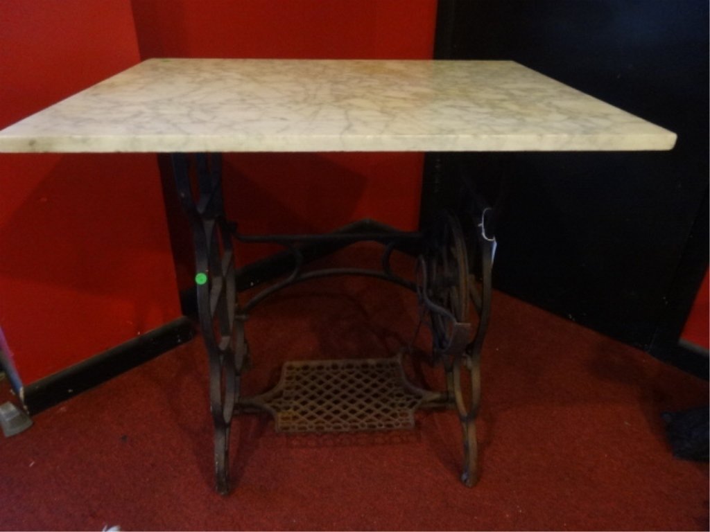 ANTIQUE METAL SEWING MACHINE BASE TABLE, WHITE MARBLE (1 of 4)