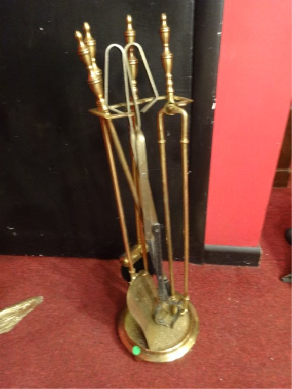 BRASS FIREPLACE TOOLS ON STAND, VERY GOOD VINTAGE (1 of 3)