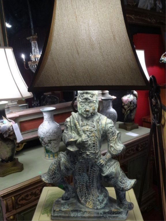 ASIAN FIGURAL CERAMIC LAMP, BROWN SHADE, APPROX 22"H, (1 of 5)