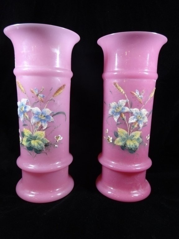 PAIR TALL VICTORIAN CORALINE VASES, PINK, APPROX (1 of 10)