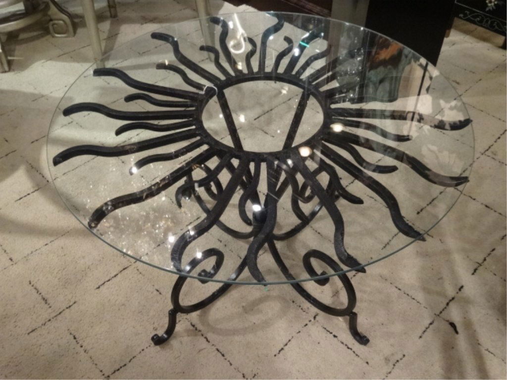 METAL SUNBURST SIDE TABLE, BLACK FINISH, ROUND GLASS (1 of 5)