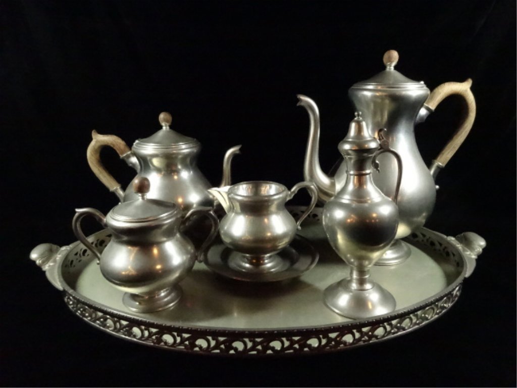 7 PC ROYAL HOLLAND PEWTER TRAY WITH COFFEEPOT, TEAPOT, (1 of 9)