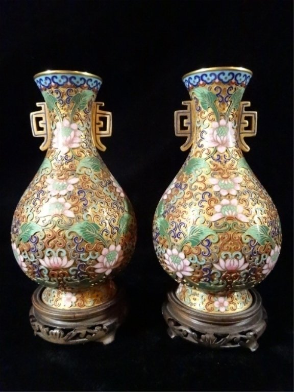 PAIR CHINESE CHAMPLEVE VASES, MIRROR MATCH FLORALS, (1 of 7)