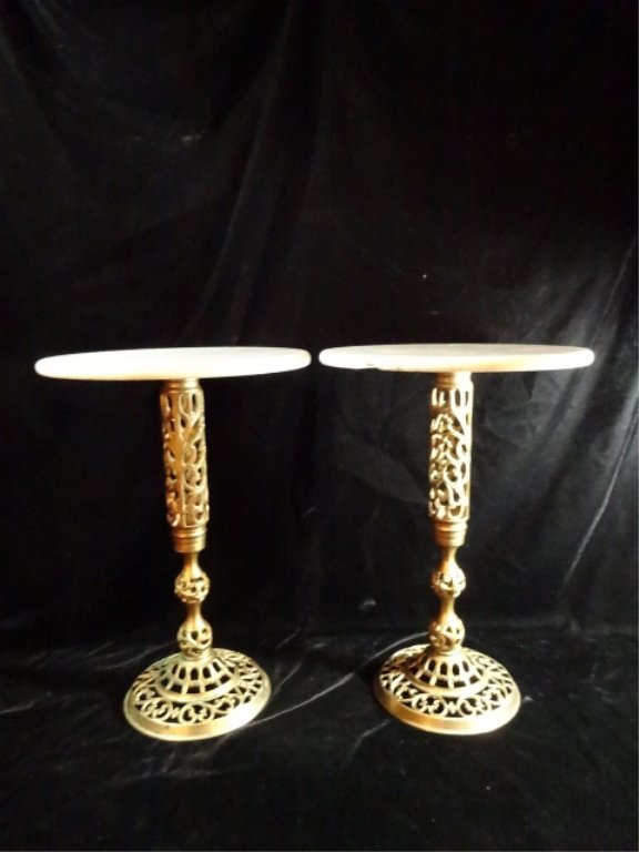 PAIR MARBLE TOP TABLES, PATINATED BRASS BASES, CHIP TO (1 of 6)