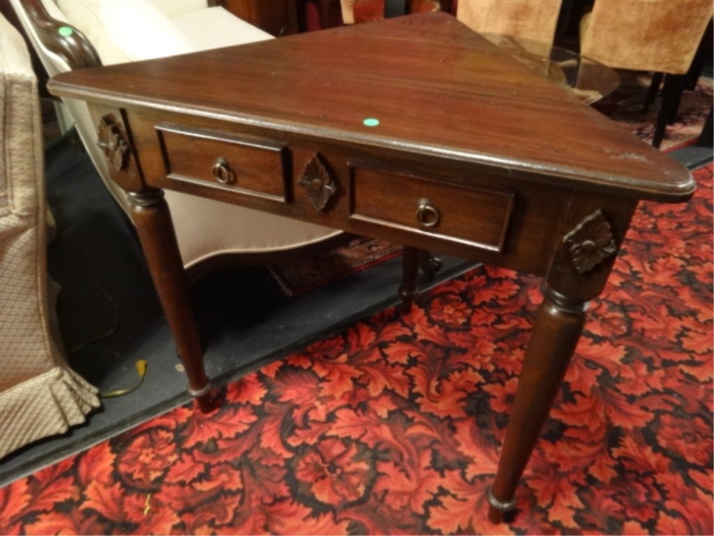 TRIANGULAR WOOD CORNER DESK, SINGLE DRAWER, BRASS (1 of 4)