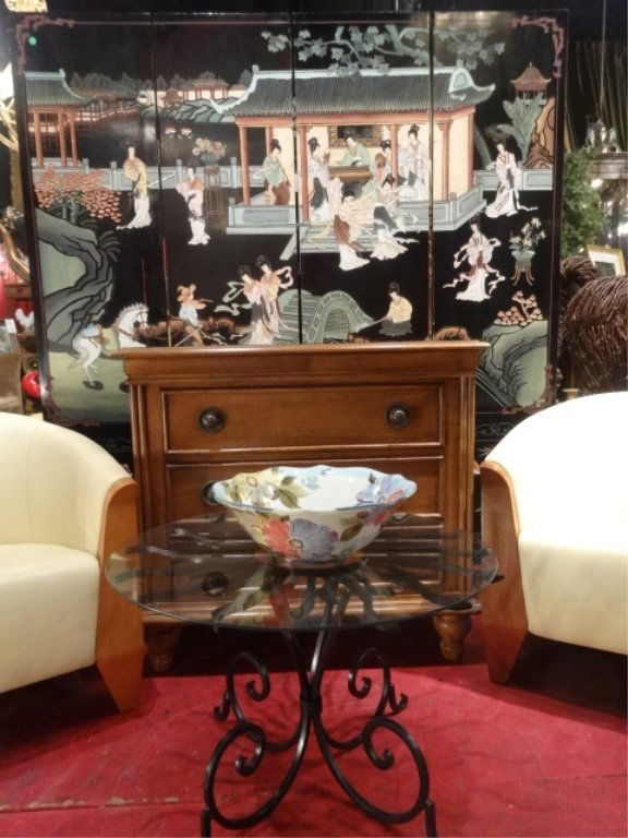 4 PANEL CHINESE FLOOR SCREEN, PAINTED FIGURAL SCENES (1 of 7)