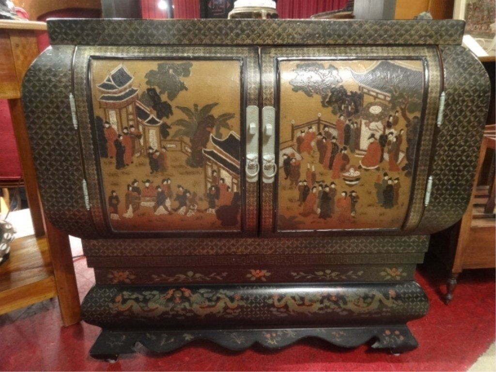 CHINOISERIE 2 DOOR CABINET, BLACK LACQUER WITH GILT AND (1 of 9)