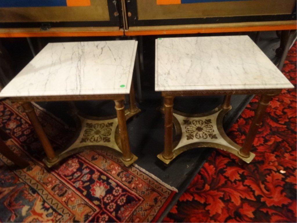PAIR FLORENTIA MARBLE TOP TABLES GILT WOOD WITH WHITE (1 of 8)