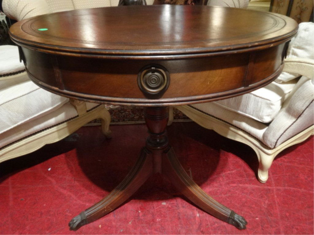 REGENCY STYLE DRUM TABLE,EMBOSSED LEATHER TOP, PEDESTAL (1 of 5)
