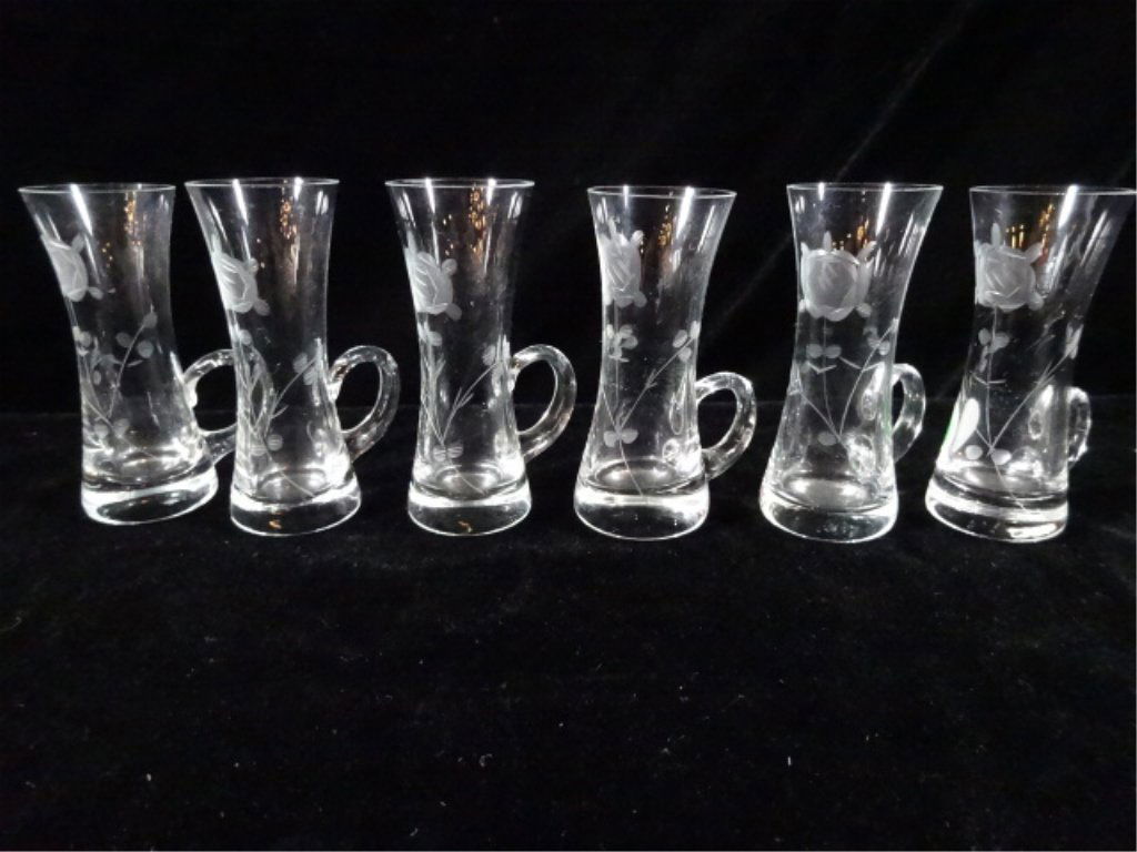 6 PC ETCHED CRYSTAL DEMITASSE GLASSES, APPROX 4.25"H (1 of 6)