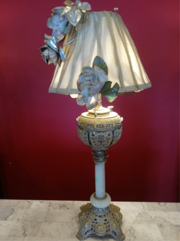 ORNATE GILT METAL AND MARBLE TABLE LAMP, WITH PLEATED (1 of 5)