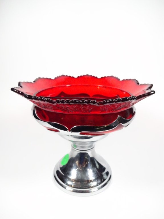 FARBER BROS. RED GLASS & METAL COMPOTE PEDESTAL BOWL, (1 of 4)