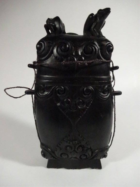 JAPANESE CARVED WOOD INRO BOX WITH LID AND STRING,: JAPANESE CARVED WOOD INRO BOX WITH LID AND STRING, TOPPED WITH CARVED FROGS, 8" X 4", SKU332.33