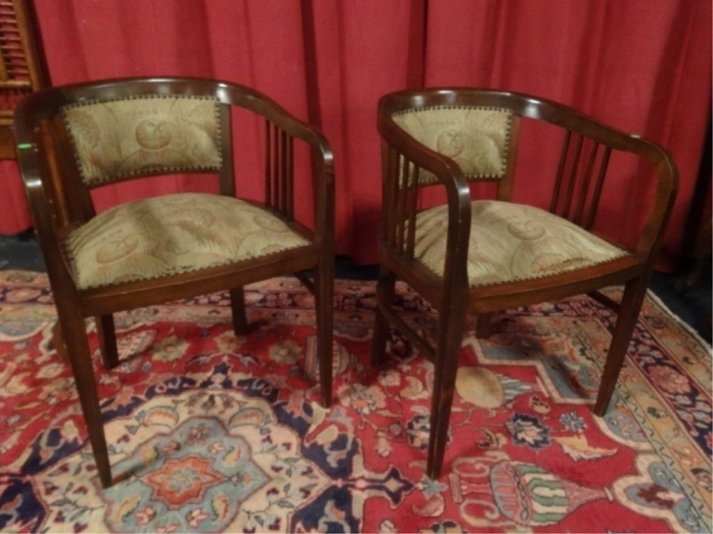 PAIR VINTAGE THONET WOOD ARMCHAIRS, NAILHEAD TRIM, VERY: PAIR VINTAGE THONET WOOD ARMCHAIRS, NAILHEAD TRIM, VERY GOOD VINTAGE CONDITION, SOME WEAR TO UPHOLSTERY, SKU305.02