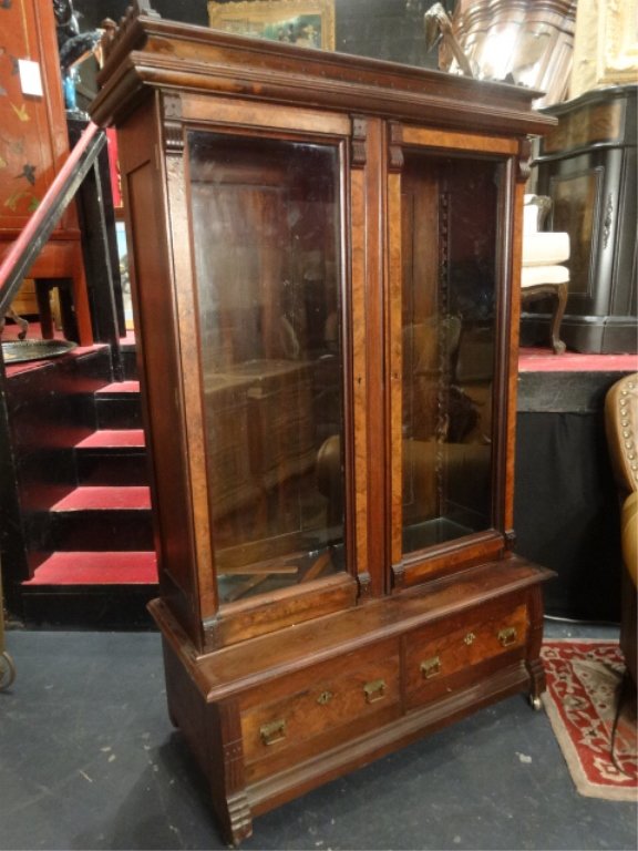 19TH CENTURY CARVED WOOD CABINET, 2 GLASS DOORS, GLASS: 19TH CENTURY CARVED WOOD CABINET, 2 GLASS DOORS, GLASS SHELVES, APPROX 6' H