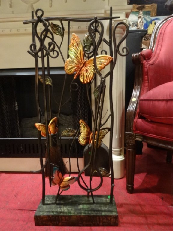 METAL FIREPLACE TOOL STAND WITH BUTTERFLIES AND HANGING (1 of 5)