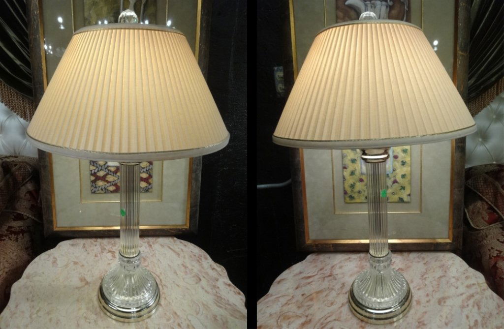 PAIR NEOCLASSICAL BRASS AND GLASS TABLE LAMPS, PLEATED (1 of 7)
