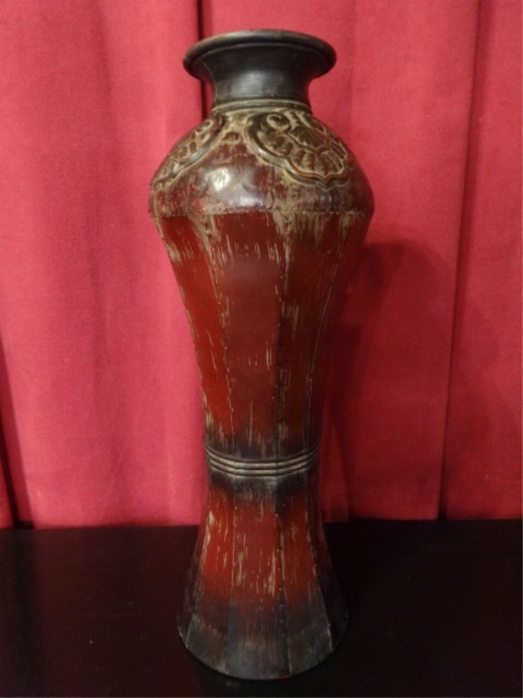 LARGE EMBOSSED METAL VASE, RED AND BLACK FINISH, APPROX (1 of 3)