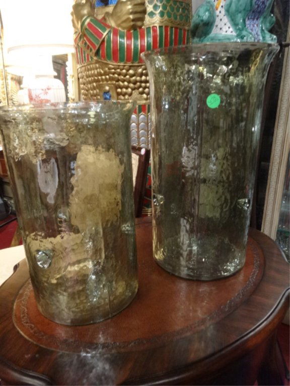 2 PC LARGE GREEN GLASS VASES, APPROX 15:H AND 12"H, (1 of 7)