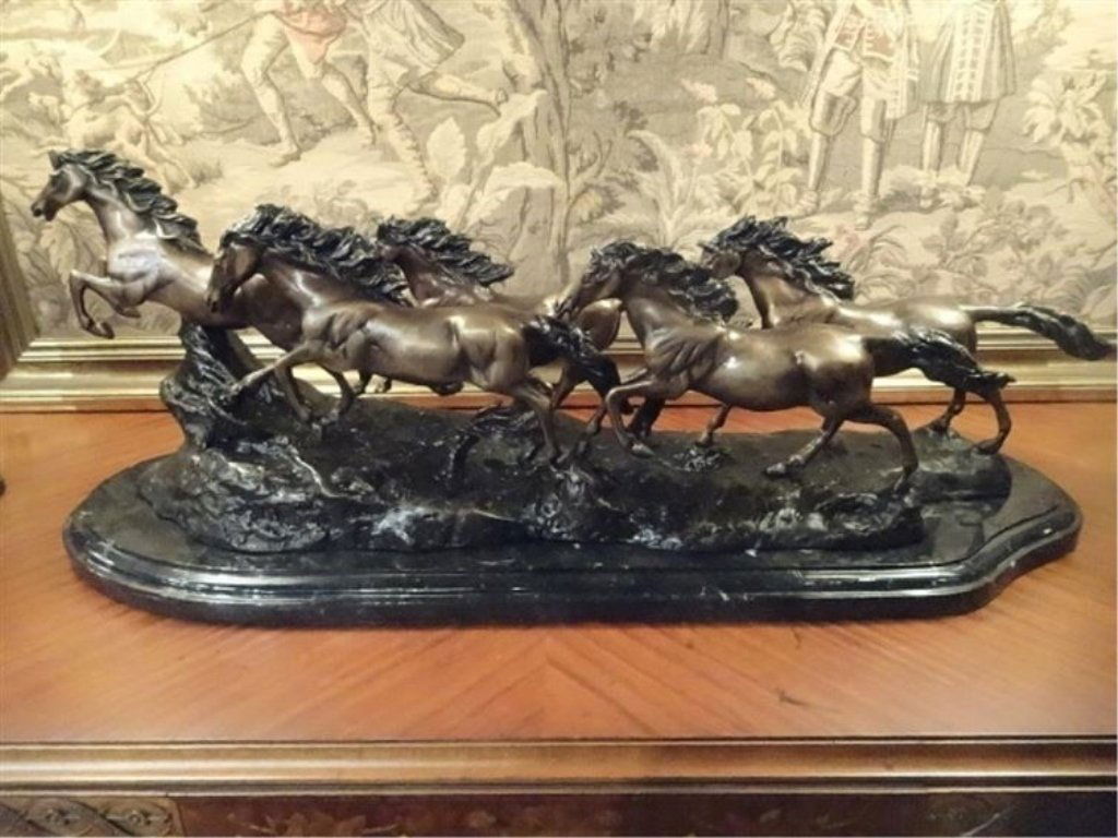 LARGE BRONZE SCULPTURE, FIVE RUNNING HORSES, ON MARBLE (1 of 6)