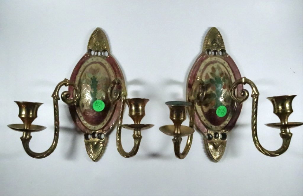 PAIR BRASS SCONCE CANDLEHOLDERS, APPROX 8" X (1 of 3)