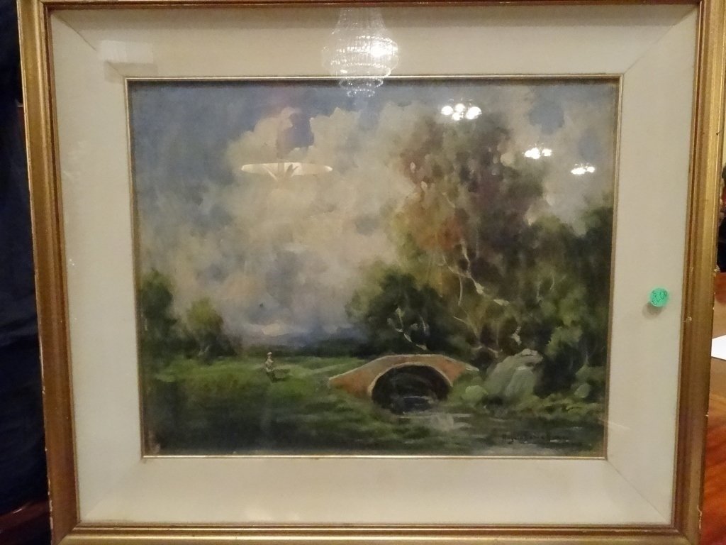 ANGELO MARIA ARMAO LANDSCAPE PAINTING WITH BRIDGE,: ANGELO MARIA ARMAO LANDSCAPE PAINTING WITH BRIDGE, SIGNED LOWER RIGHT, FRAMED SIZE APPROX 23" X 26.5", SKU9272.08