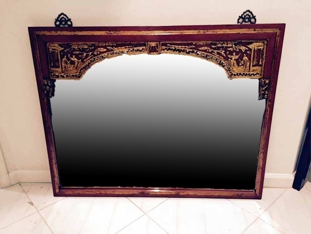 LARGE CHINESE RED LACQUER AND GILT WOOD MIRROR, (1 of 5)