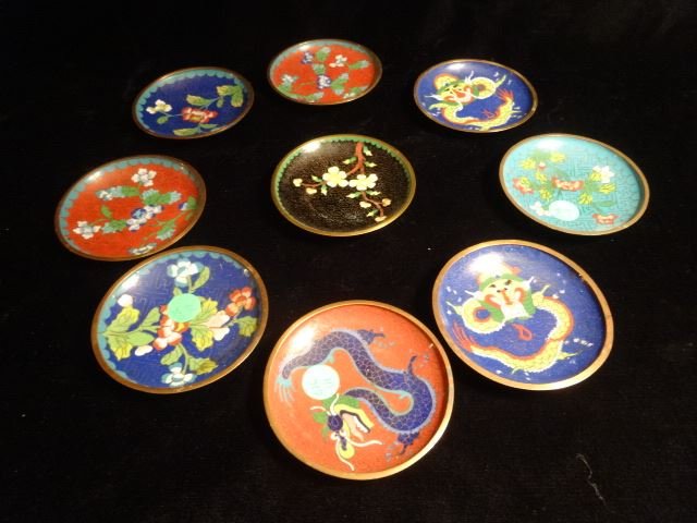 SET OF 9 CHINESE CLOISONNE COASTERS OR PLATES, EACH: SET OF 9 CHINESE CLOISONNE COASTERS OR PLATES, EACH APPROX 4"